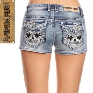 PLATINUM PLUSH Rhinestone Skull & Wings Denim Shorts | Studded | Size S | EUC